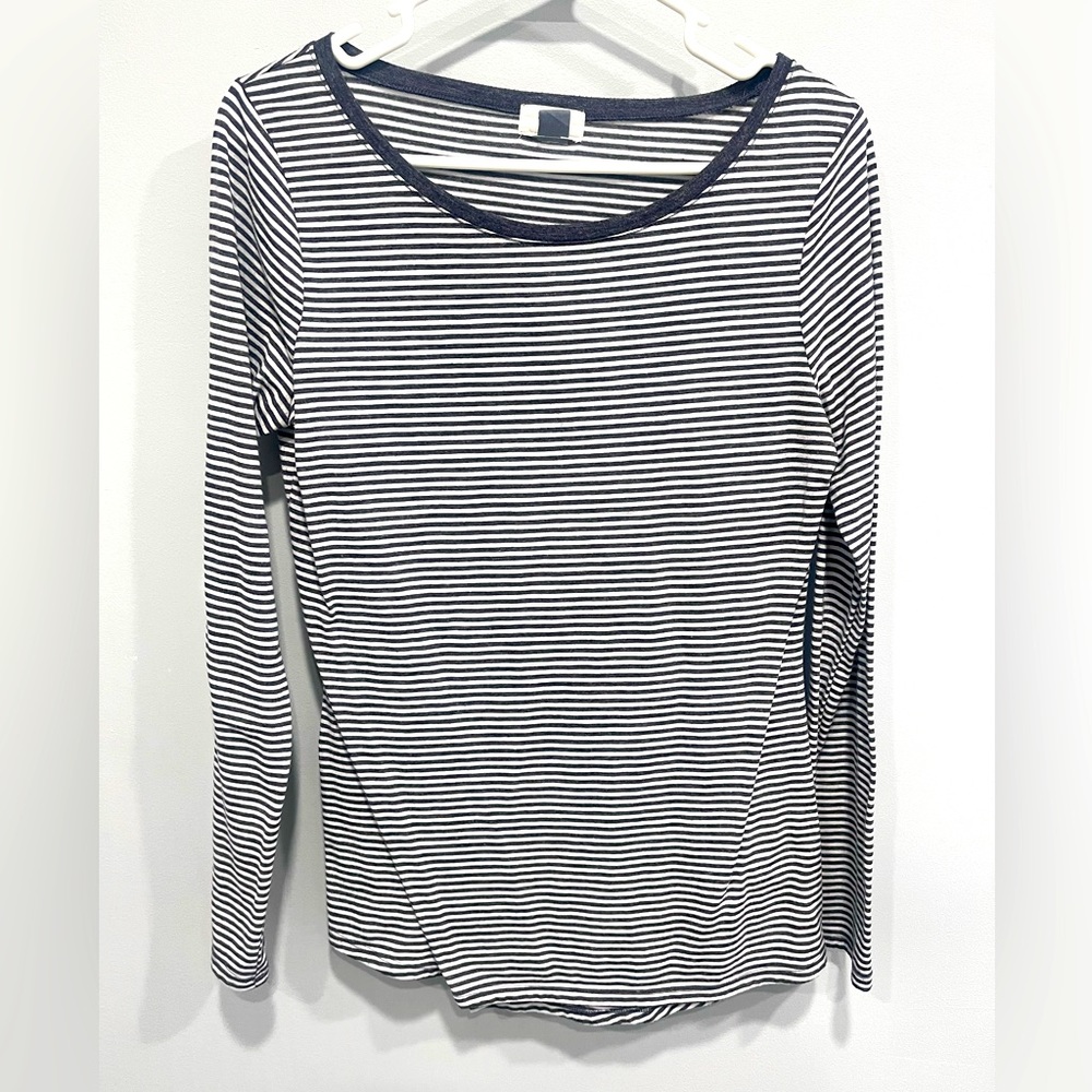 Grey-blue and white striped long sleeve shirt